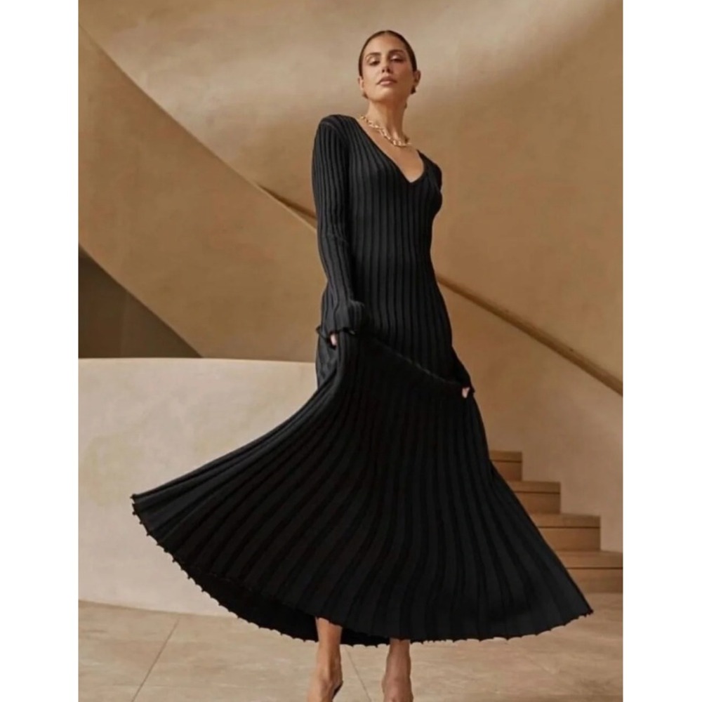 DISSH Reign Black Sleeved‎ Knit Midi Dress Size S Ribbed Tie Back Modern Sleek
